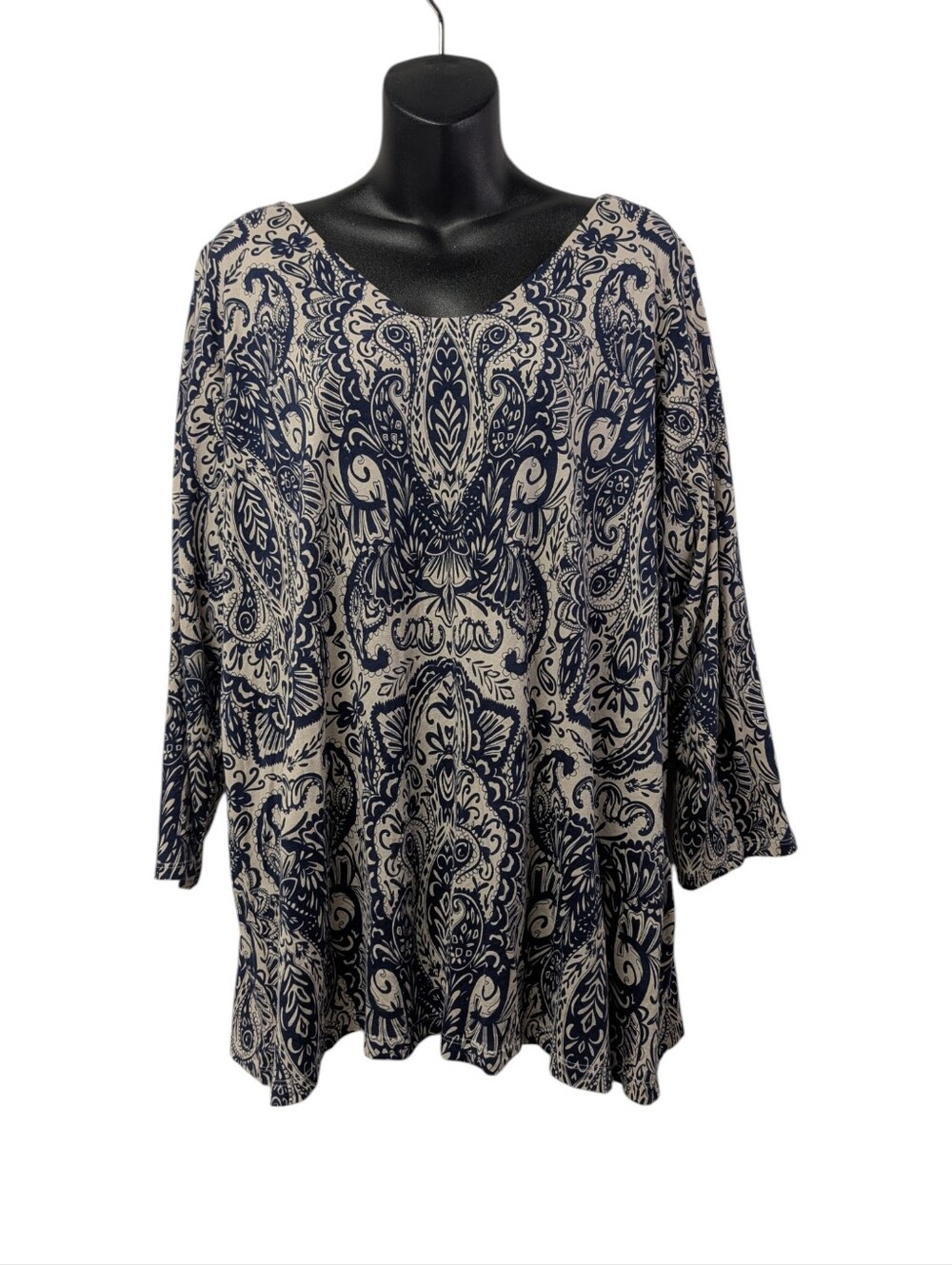 Liz Claiborne Woman 3X Navy Beige Paisley Print Long Sleeve Cotton Blouses Top
